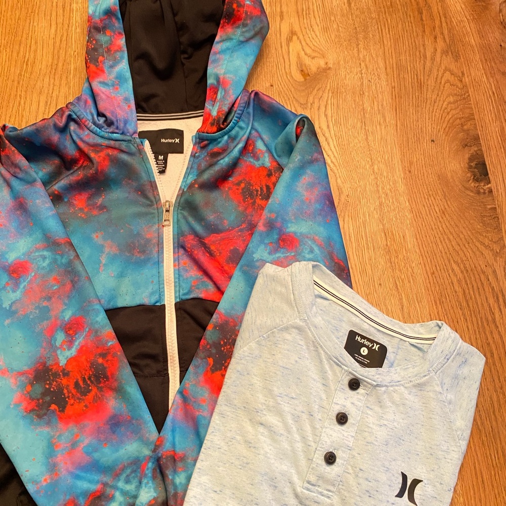 Boys Hurley zip up Hoody M and s/s Henley tee size L